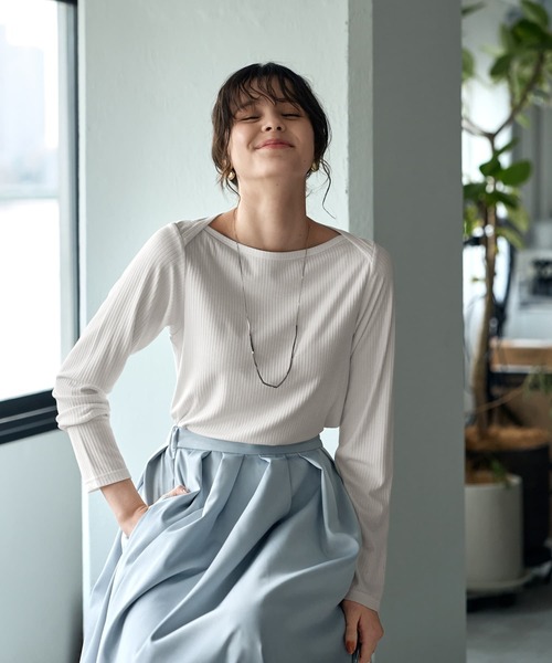 tシャツ とろみワイドリブボートネックトップス レディース とろみワイドリブボートネックトップス（Tシャツ/カットソー