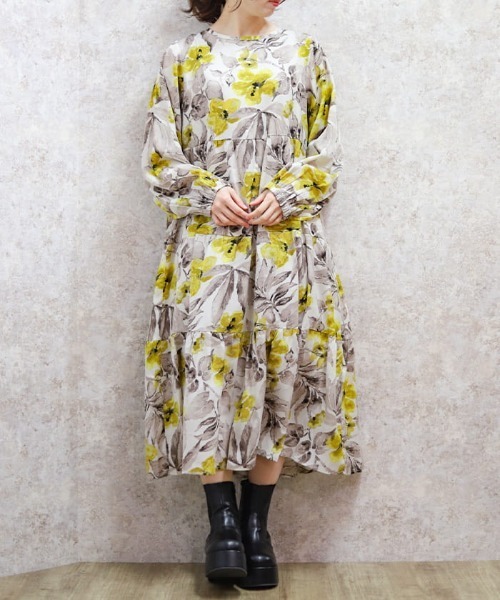 Axes femme 水色 花柄 長袖 ティアードワンピース セール】花柄ティアードワンピース（ワンピース）｜axes femme