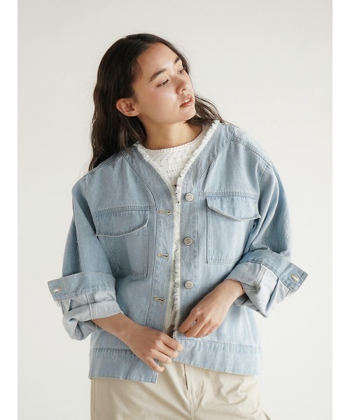 シンプルデニムジャケットに味わいたくさん | no collar denim