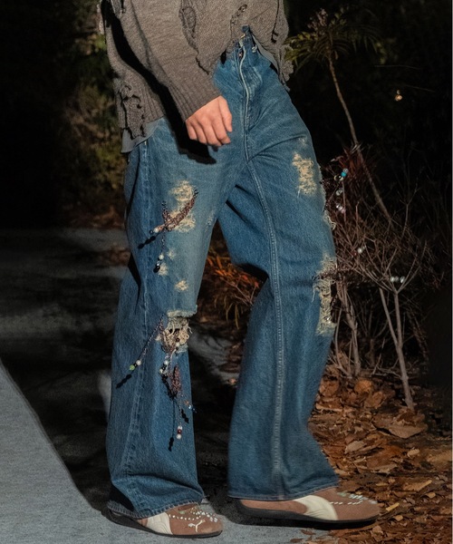 amok（アモク）の「CHAIN DAMEGE DENIM PANTS（デニムパンツ・メンズ・インディゴブルー/ライトインディゴブルー・S/M/L）」の4枚目の写真