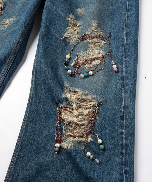 amok（アモク）の「CHAIN DAMEGE DENIM PANTS（デニムパンツ・メンズ・インディゴブルー/ライトインディゴブルー・S/M/L）」の9枚目の写真