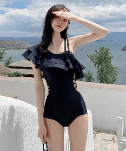 SNIDEL フリル付きワンピース水着 Fサイズ ブラック SNIDEL（スナイデル）の「フリルワンピスイムウェア（水着