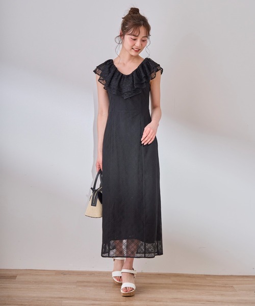 長袖ワンピース レース フリルカラー フェミニン Aライン ロング フリルカラーレースワンピース / GRACE CONTINENTAL | GRACE