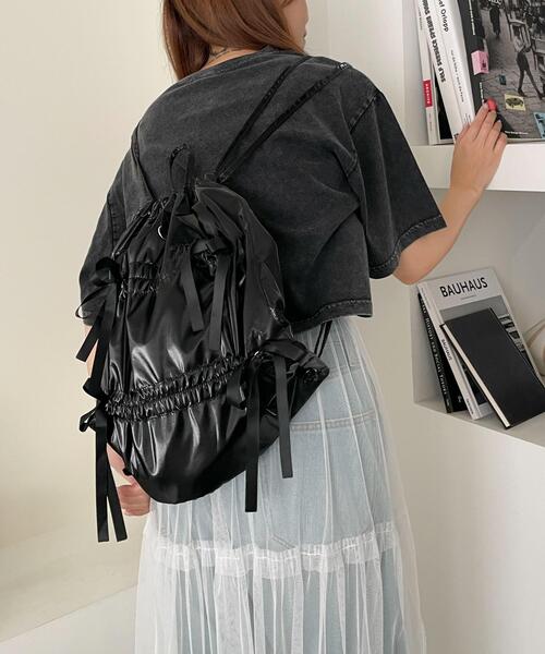 WEGO(ウィゴー)の「WEGO/ドロストリボンギャザーナップサック(バックパック/リュック・レディース・ライトピンク/ブラック/その他1/その他2・FREE)」の1枚目の写真