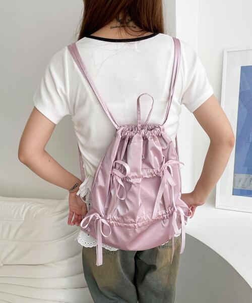 WEGO(ウィゴー)の「WEGO/ドロストリボンギャザーナップサック(バックパック/リュック・レディース・ライトピンク/ブラック/その他1/その他2・FREE)」の8枚目の写真