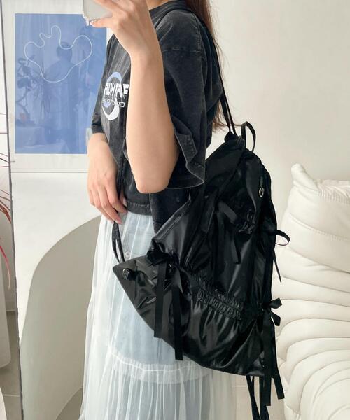 WEGO(ウィゴー)の「WEGO/ドロストリボンギャザーナップサック(バックパック/リュック・レディース・ライトピンク/ブラック/その他1/その他2・FREE)」の6枚目の写真