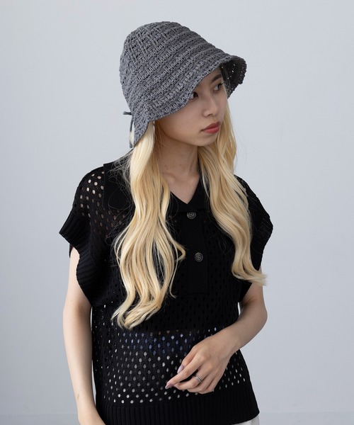 セール】【MAGASIN DE MODE Onjna】リボン付き透かし編みハット