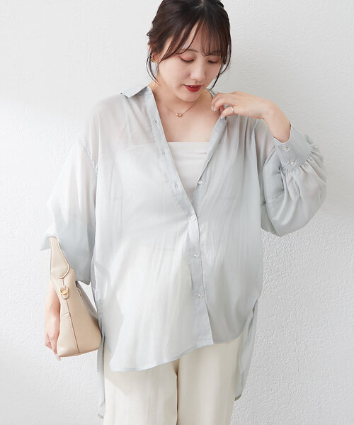 Remind me and forever(リマインドミーアンドフォーエバー)の「夏のマストアイテム、ラメシアー楊柳BIGシャツ(シャツ/ブラウス・レディース・グレイッシュベージュ/グレー/ミント/ブラック/オフホワイト・FREE)」の5枚目の写真