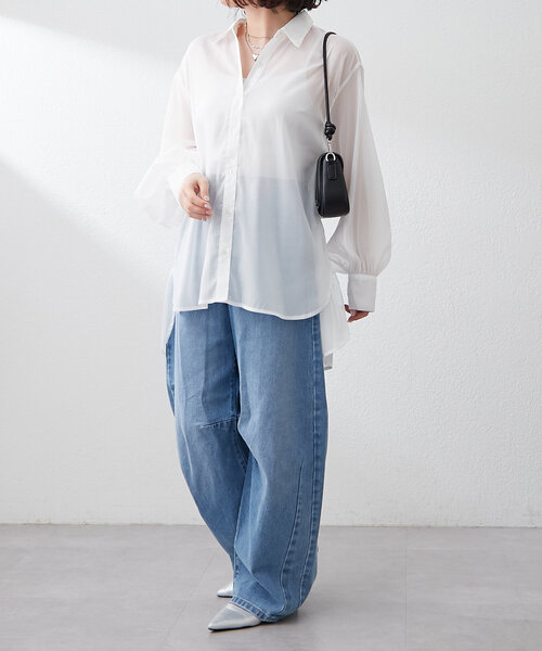 Remind me and forever(リマインドミーアンドフォーエバー)の「夏のマストアイテム、ラメシアー楊柳BIGシャツ(シャツ/ブラウス・レディース・グレイッシュベージュ/グレー/ミント/ブラック/オフホワイト・FREE)」の10枚目の写真