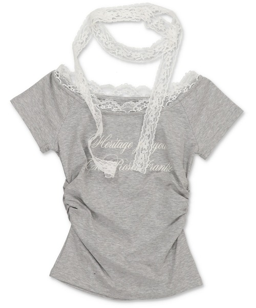 SPINNS（スピンズ）の「【2セットアイテム】半袖ピタカットソー/レースタイ/細マフラー付（Tシャツ/カットソー・レディース・ホワイト/チャコール/ブラック・ONESIZE）」の3枚目の写真