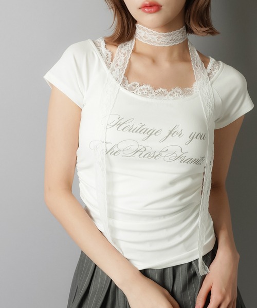 SPINNS（スピンズ）の「【2セットアイテム】半袖ピタカットソー/レースタイ/細マフラー付（Tシャツ/カットソー・レディース・ホワイト/チャコール/ブラック・ONESIZE）」の9枚目の写真