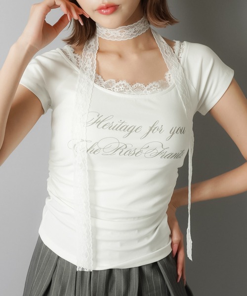 SPINNS（スピンズ）の「【2セットアイテム】半袖ピタカットソー/レースタイ/細マフラー付（Tシャツ/カットソー・レディース・ホワイト/チャコール/ブラック・ONESIZE）」の7枚目の写真