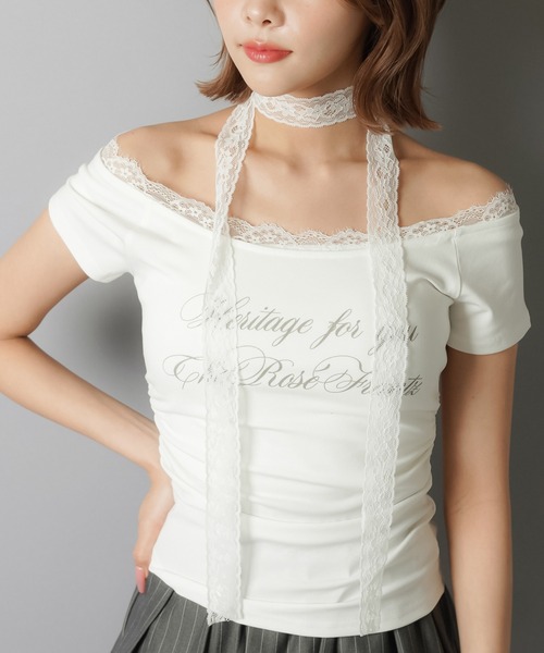 SPINNS（スピンズ）の「【2セットアイテム】半袖ピタカットソー/レースタイ/細マフラー付（Tシャツ/カットソー・レディース・ホワイト/チャコール/ブラック・ONESIZE）」の8枚目の写真