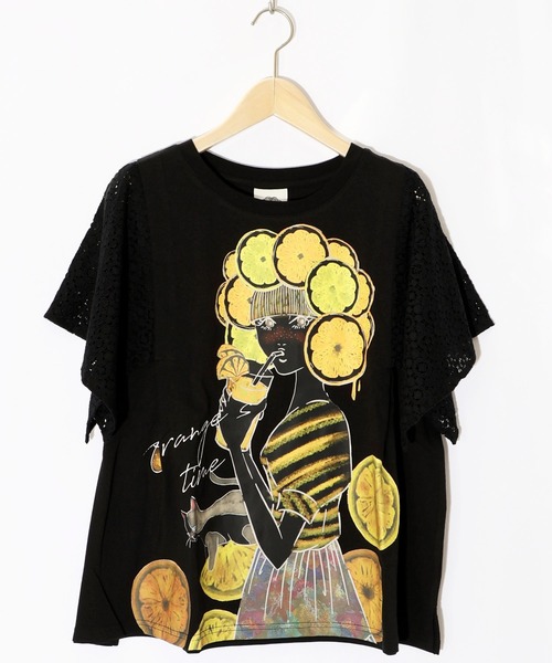Scolar スカラー レディース トップス 半袖 Tシャツ 薄手 オレンジスカラーちゃん柄 袖レース ガーリー カジュアル 手描き風 ポップ イエロー 152668 ScoLar Scolar スカラー レディース トップス 半袖 Tシャツ 薄手