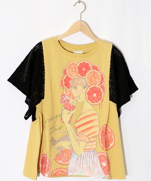 在庫処分セール テ 152668：オレンジスカラーちゃん 柄レース袖Tシャツ（Tシャツ トップス