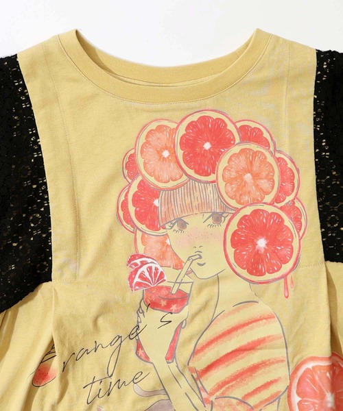 スカラー　scolar 152668：オレンジスカラーちゃん 柄レース袖Tシャツ 152668：オレンジスカラーちゃん 柄レース袖Tシャツ（Tシャツ