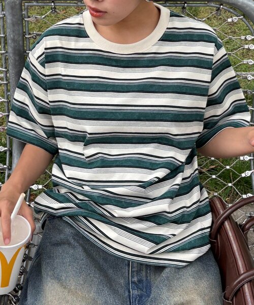 CIAOPANIC TYPY（チャオパニックティピー）の「■【UNISEX】ヴィンテージライクマルチボーダーTEE（Tシャツ/カットソー・レディース・グリーン/ボルドー/グレー/ネイビー・MEDIUM/LARGE）」の12枚目の写真