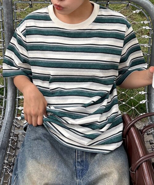 CIAOPANIC TYPY（チャオパニックティピー）の「■【UNISEX】ヴィンテージライクマルチボーダーTEE（Tシャツ/カットソー・レディース・グリーン/ボルドー/グレー/ネイビー・MEDIUM/LARGE）」の11枚目の写真