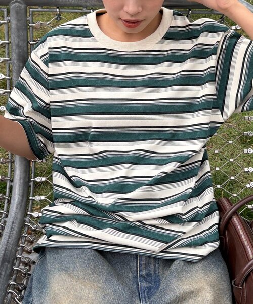 CIAOPANIC TYPY（チャオパニックティピー）の「■【UNISEX】ヴィンテージライクマルチボーダーTEE（Tシャツ/カットソー・レディース・グリーン/ボルドー/グレー/ネイビー・MEDIUM/LARGE）」の10枚目の写真