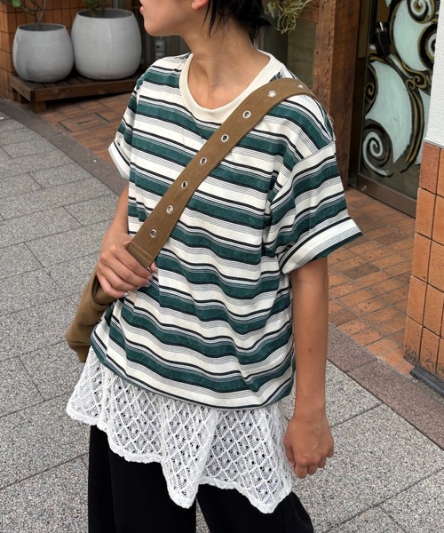 CIAOPANIC TYPY（チャオパニックティピー）の「■【UNISEX】ヴィンテージライクマルチボーダーTEE（Tシャツ/カットソー・レディース・グリーン/ボルドー/グレー/ネイビー・MEDIUM/LARGE）」の3枚目の写真