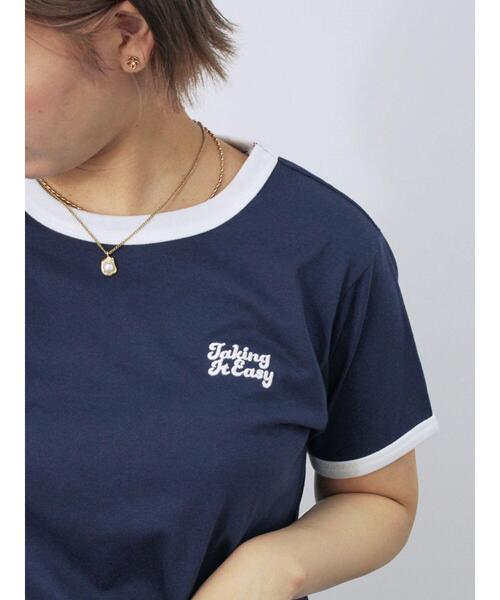 ehka sopo(エヘカソポ)の「3D刺繍リンガーTシャツ(Tシャツ/カットソー・レディース・グリーン/ネイビー/オフホワイト/サックスブルー・F)」の1枚目の写真