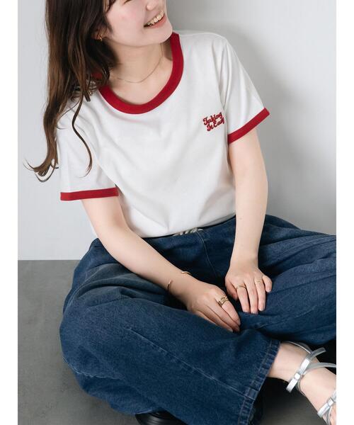 ehka sopo(エヘカソポ)の「3D刺繍リンガーTシャツ(Tシャツ/カットソー・レディース・グリーン/ネイビー/オフホワイト/サックスブルー・F)」の2枚目の写真