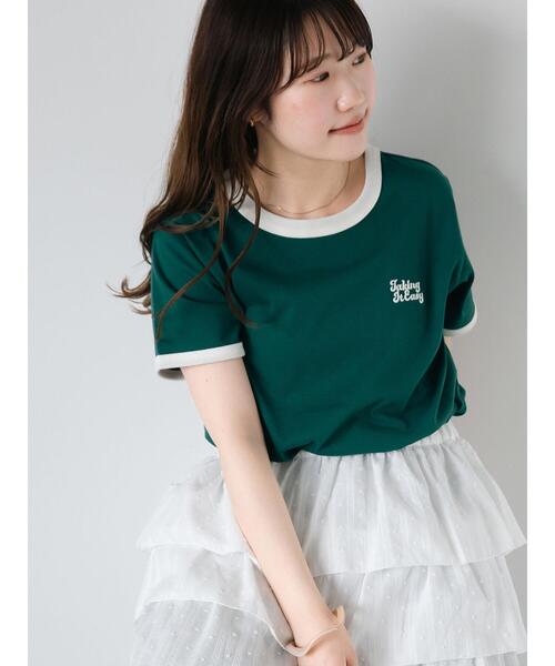 ehka sopo(エヘカソポ)の「3D刺繍リンガーTシャツ(Tシャツ/カットソー・レディース・グリーン/ネイビー/オフホワイト/サックスブルー・F)」の3枚目の写真