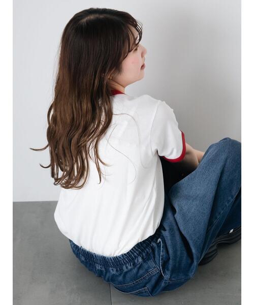 ehka sopo(エヘカソポ)の「3D刺繍リンガーTシャツ(Tシャツ/カットソー・レディース・グリーン/ネイビー/オフホワイト/サックスブルー・F)」の5枚目の写真