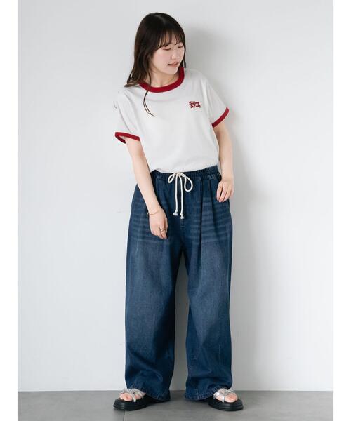 ehka sopo(エヘカソポ)の「3D刺繍リンガーTシャツ(Tシャツ/カットソー・レディース・グリーン/ネイビー/オフホワイト/サックスブルー・F)」の6枚目の写真