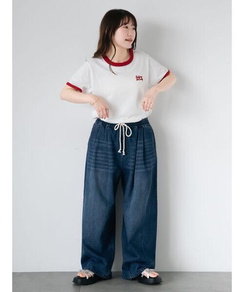 ehka sopo(エヘカソポ)の「3D刺繍リンガーTシャツ(Tシャツ/カットソー・レディース・グリーン/ネイビー/オフホワイト/サックスブルー・F)」の7枚目の写真