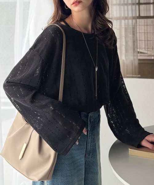 セール】さりげない透け感で魅せる、透かし編みトップス（長袖