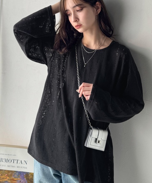 透け感のあるグリーンの長袖トップス　ゴルチエ COCOMOMO tシャツ 「カラー展開あり」 総レース シアートップス