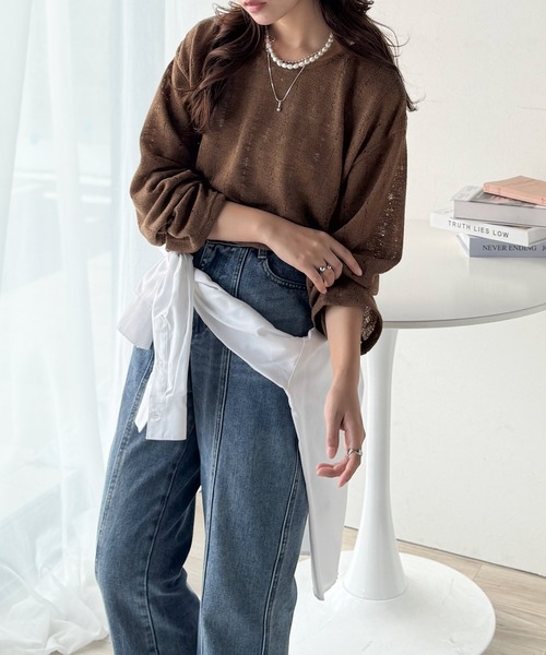 セール】さりげない透け感で魅せる、透かし編みトップス（長袖