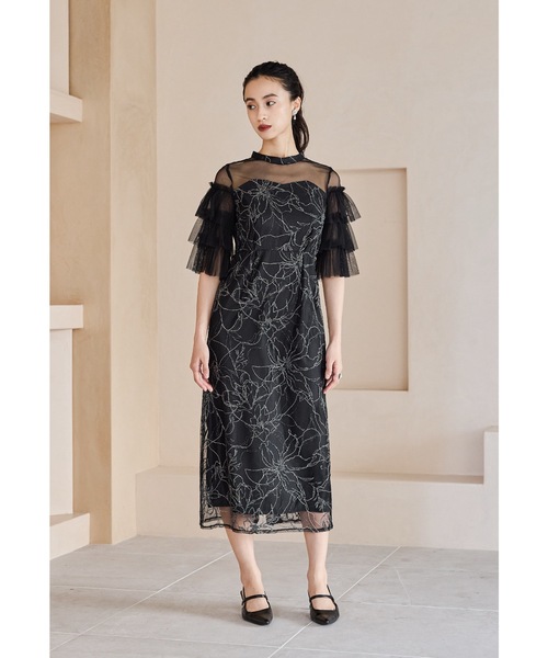 低身長用サイズあり】フラワーラメ刺繍レースドレス 結婚式 成人式