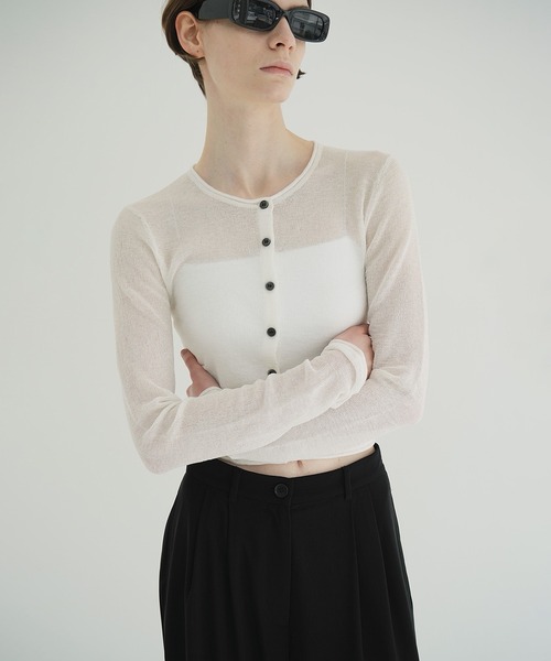 CLANE（クラネ）の「SHEER ROLLED EDGE KNIT CARDIGAN（カーディガン/ボレロ・レディース・アイボリー/ブラック/ミント・1/2）」の4枚目の写真