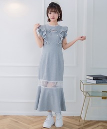 新色ブルー登場】花柄ドッキングロングワンピース（ワンピース