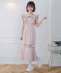 くすみピンク チュール ワンピース サイズ S M L かわいい 全2色 チュール切替ワンピース 可愛い 大きいサイズ ミモレ丈 春