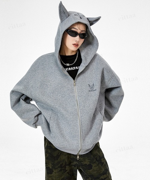 韓国ファッション DOBERMAN耳付きダブルジップパーカー（パーカー