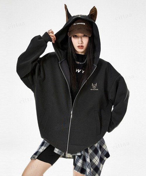 Dalfwin(ダールフィン)の「韓国ファッション DOBERMAN耳付きダブルジップパーカー(パーカー・レディース・グレー/ダークグレー・FREE)」の2枚目の写真