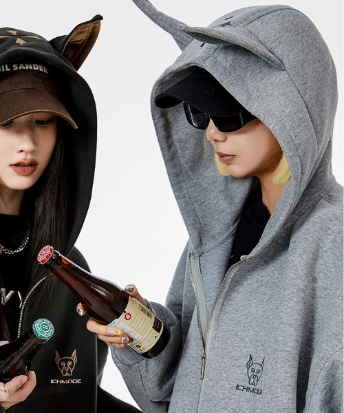 Dalfwin(ダールフィン)の「韓国ファッション DOBERMAN耳付きダブルジップパーカー(パーカー・レディース・グレー/ダークグレー・FREE)」の13枚目の写真