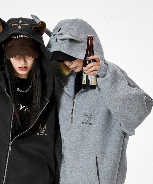 韓国ファッション DOBERMAN耳付きダブルジップパーカー（パーカー