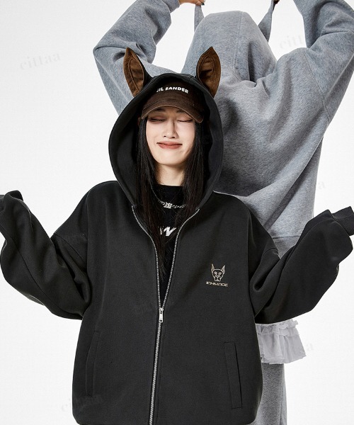 韓国ファッション DOBERMAN耳付きダブルジップパーカー（パーカー