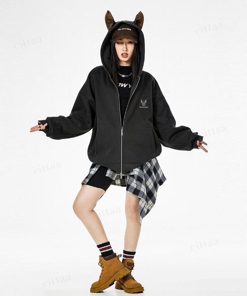 韓国ファッション DOBERMAN耳付きダブルジップパーカー（パーカー