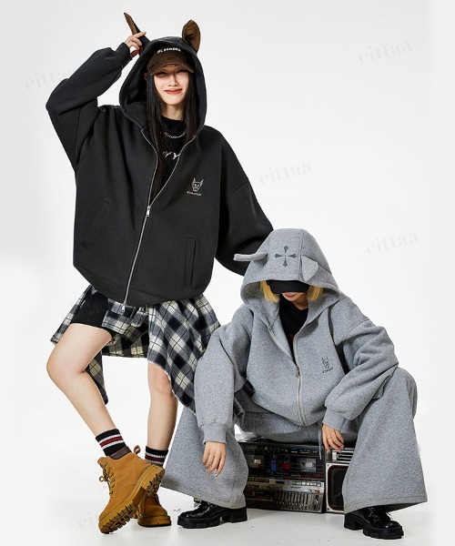 韓国ファッション DOBERMAN耳付きダブルジップパーカー（パーカー