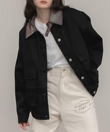 HEILIS（ヘイリス）の「ツイルオーバーサイズブルゾン/ジャケット アウター ブルゾン カバーオール ツイル コットン ミリタリー ベージュ ブラック ショート丈 オーバーサイズ 韓国 シティガール ノームコア カジュアル シンプル 羽織り 秋服 春服 冬服（カバーオール）」