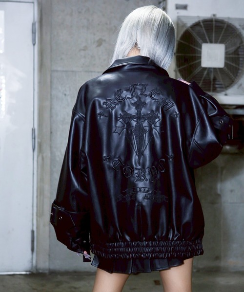 【REFLEM】レフレム レザージャケット REFLEM/レフレム』クロス刺繍PUレザージャケット（ブルゾン）｜REFLEM