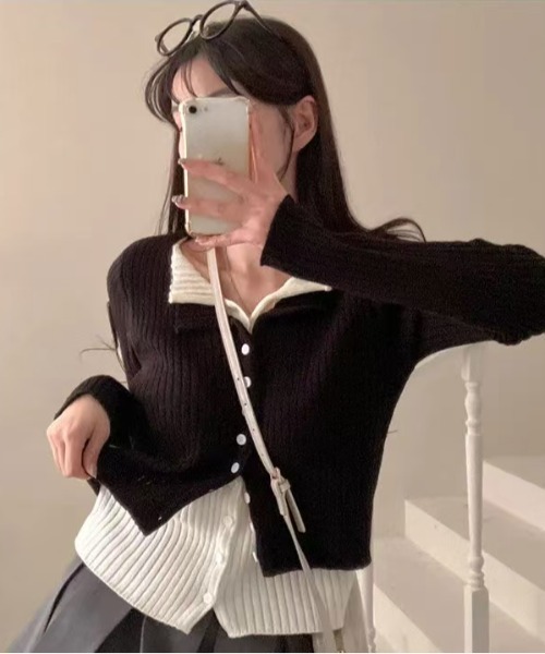 Ada.(エイダ)の「【Mellfy】レイヤード風 バイカラー リブ ニットトップス(ニット/セーター・レディース・グレー/レッド/チャコール/ブラック・FREE)」の14枚目の写真