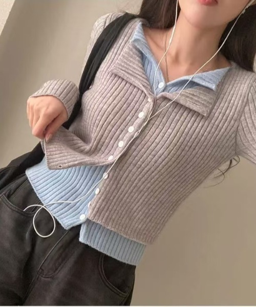 Ada.(エイダ)の「【Mellfy】レイヤード風 バイカラー リブ ニットトップス(ニット/セーター・レディース・グレー/レッド/チャコール/ブラック・FREE)」の21枚目の写真