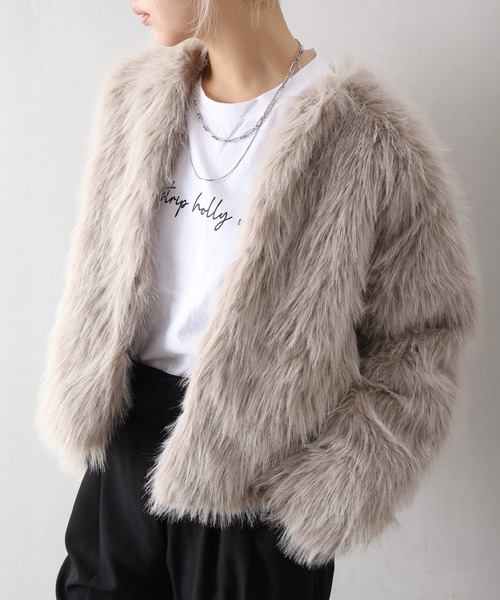 SpRay（スプレイ）の「ロングフォックスノーカラージャケット（ノーカラージャケット・レディース・チャコールグレー/アイボリー/グレイッシュベージュ・FREE）」の5枚目の写真