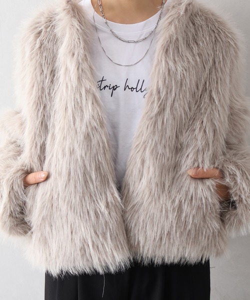 SpRay（スプレイ）の「ロングフォックスノーカラージャケット（ノーカラージャケット・レディース・チャコールグレー/アイボリー/グレイッシュベージュ・FREE）」の8枚目の写真